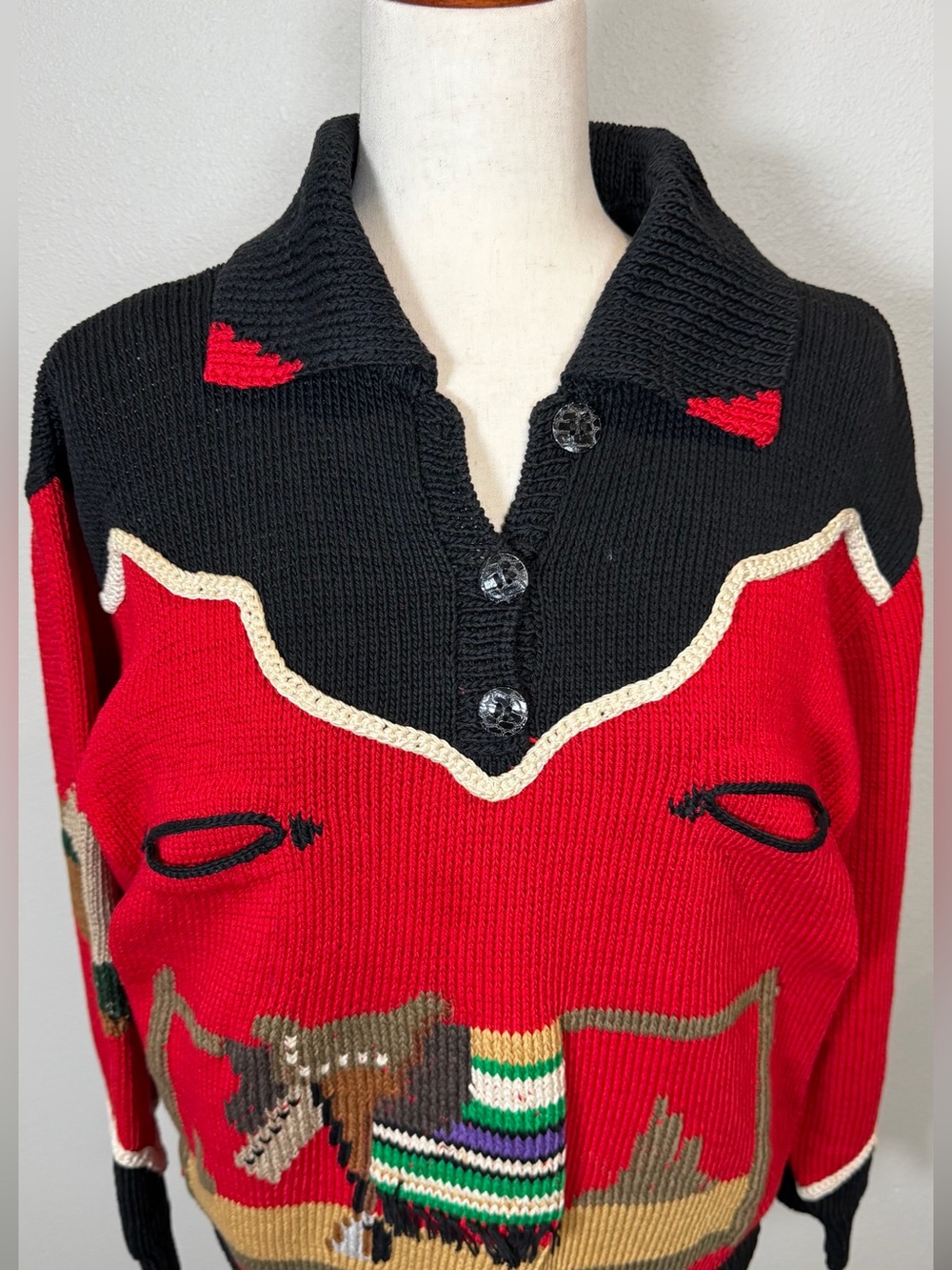 Vintage 80’s Berek Label Cowboy Rodeo Western Hand Knit Sweater Red Black Medium - Picture 5 of 15